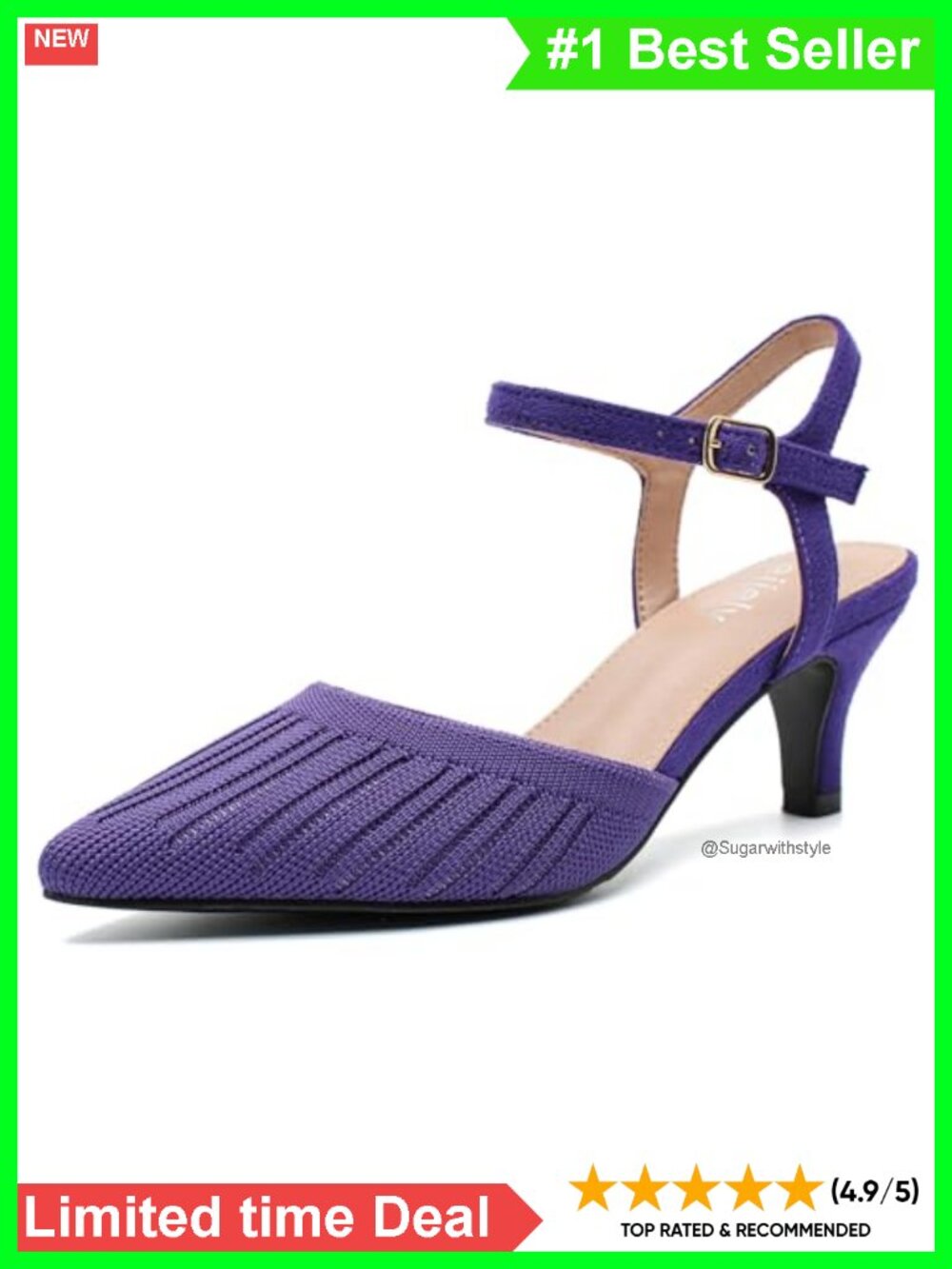 Knit Pointed Toe Slingback Pumps Kitten Heel Ankle Strap Sandals